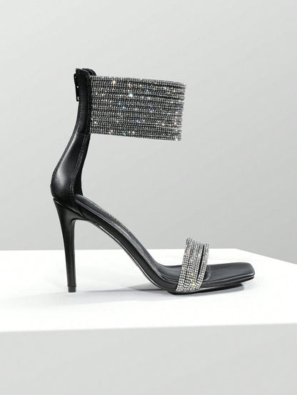 Sparkling Elegance: Multi Strap Rhinestone High Heel Square Toe Sandals