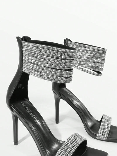 Sparkling Elegance: Multi Strap Rhinestone High Heel Square Toe Sandals