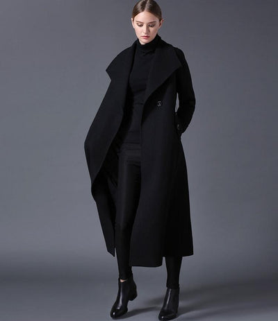 Women's Classic Elegant Wool Lapel Black Long Over Coat-Free Shipping