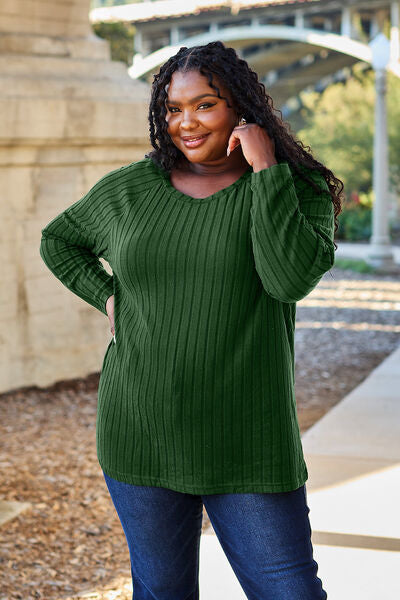 Classic Comfort: Full-Size Ribbed Knit Top with Round Neck and Long Sleeves