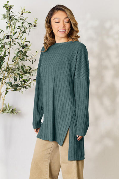 Sleek and Versatile: Full-Size Ribbed Long Sleeve Top with Elegant Neckline and Side Slit"