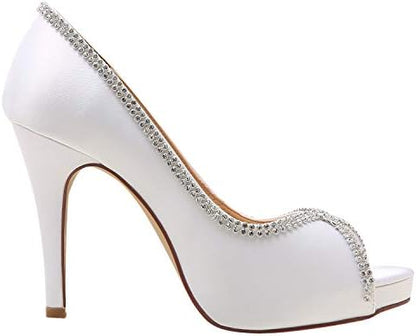 Sophisticated Satin Rhinestone Detail Peep-Toe Pumps for Weddings and  Evening Elegance