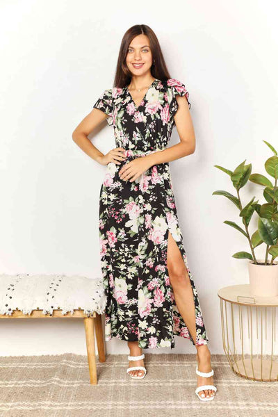 Elegant Floral Split Dress with Flutter Sleeves and Tie Waist - Versatile Style