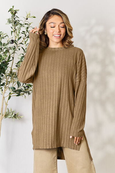 Sleek and Versatile: Full-Size Ribbed Long Sleeve Top with Elegant Neckline and Side Slit"