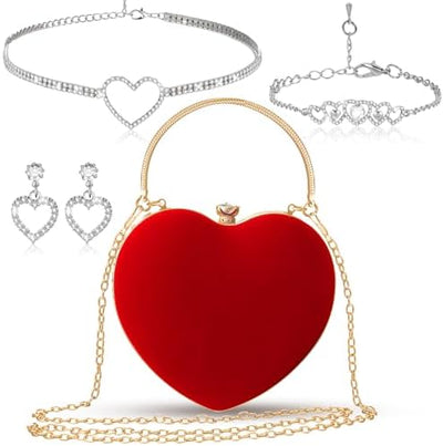 Heart-Shaped Velour Clutch & Rhinestone Jewelry Set - 4 Pcs