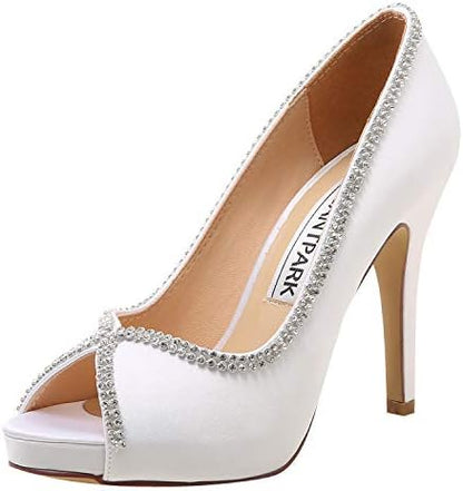 Sophisticated Satin Rhinestone Detail Peep-Toe Pumps for Weddings and  Evening Elegance