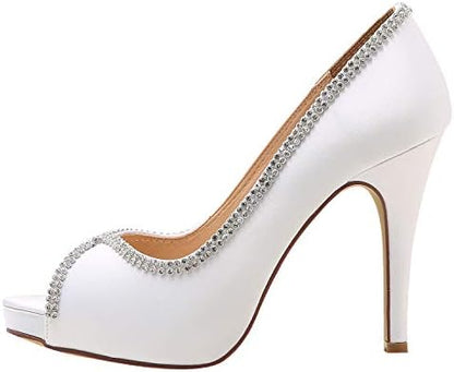 Sophisticated Satin Rhinestone Detail Peep-Toe Pumps for Weddings and  Evening Elegance