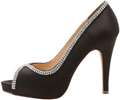 Sophisticated Satin Rhinestone Detail Peep-Toe Pumps for Weddings and  Evening Elegance