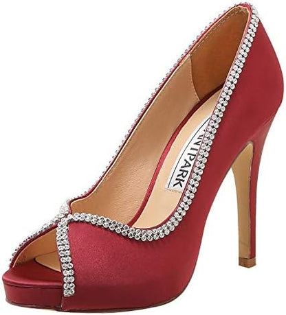 Sophisticated Satin Rhinestone Detail Peep-Toe Pumps for Weddings and  Evening Elegance