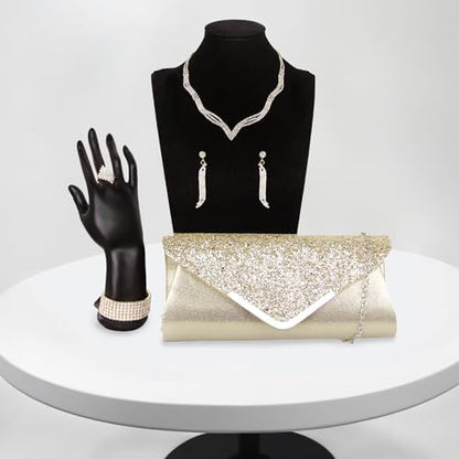 Elegant Women's Clutch & Jewelry Set - Necklace, Earrings, Bracelet & Ring