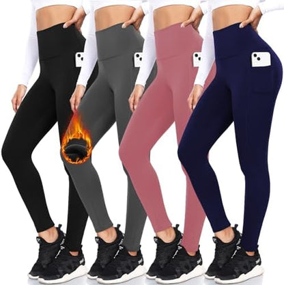 Fleece-Lined High Waist Leggings: 4-Pack, Warm & Cozy, Pockets