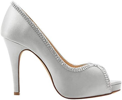 Sophisticated Satin Rhinestone Detail Peep-Toe Pumps for Weddings and  Evening Elegance