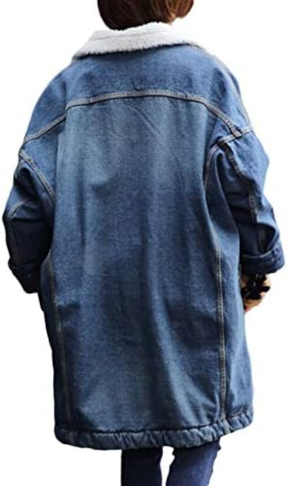 Women's Fleece-Lined Quilted Denim Overcoat - Stylish Button-Down Mid-Long Jacket