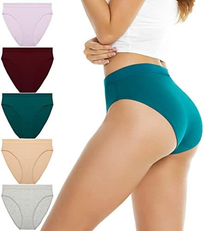 Women’s Cotton Underwear Hi Cut Panties, Solid Briefs Soft Stretchy Ladies Underpants (5-pack)