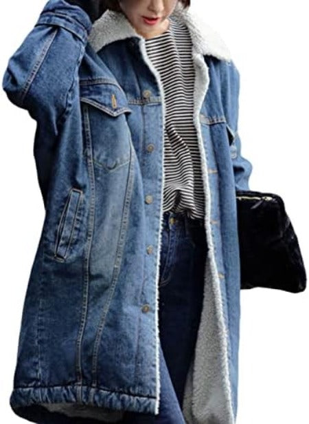 Women's Fleece-Lined Quilted Denim Overcoat - Stylish Button-Down Mid-Long Jacket