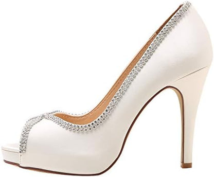 Sophisticated Satin Rhinestone Detail Peep-Toe Pumps for Weddings and  Evening Elegance