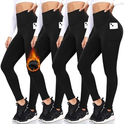 Fleece-Lined High Waist Leggings: 4-Pack, Warm & Cozy, Pockets