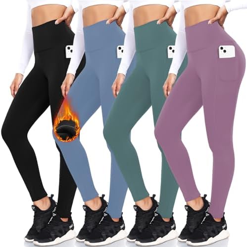 Fleece-Lined High Waist Leggings: 4-Pack, Warm & Cozy, Pockets