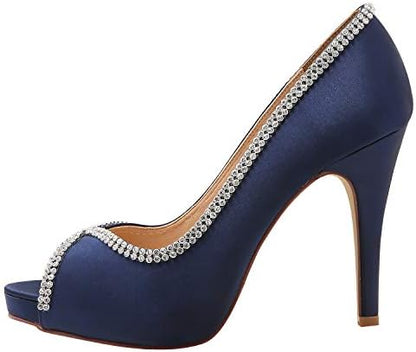 Sophisticated Satin Rhinestone Detail Peep-Toe Pumps for Weddings and  Evening Elegance