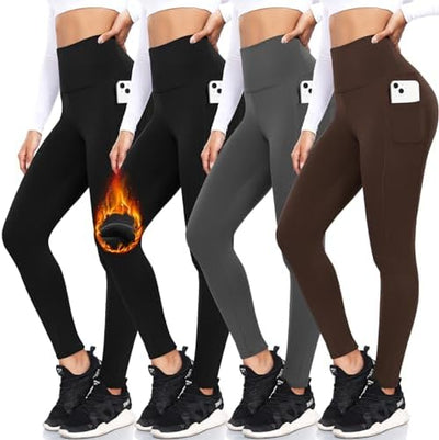 Fleece-Lined High Waist Leggings: 4-Pack, Warm & Cozy, Pockets