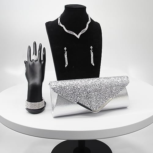 Elegant Women's Clutch & Jewelry Set - Necklace, Earrings, Bracelet & Ring