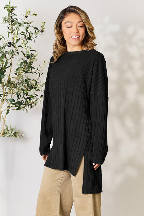 Sleek and Versatile: Full-Size Ribbed Long Sleeve Top with Elegant Neckline and Side Slit"