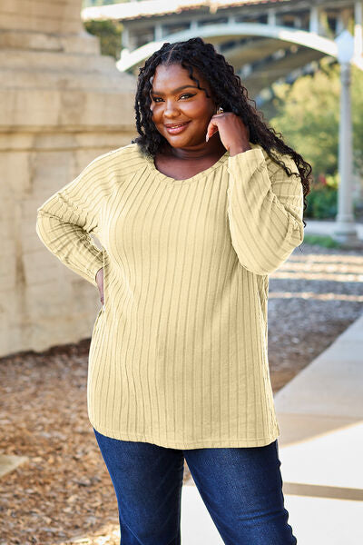 Classic Comfort: Full-Size Ribbed Knit Top with Round Neck and Long Sleeves