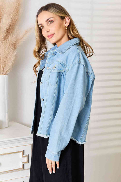 Relaxed Fit Raw Hem Denim Jacket - Casual Dropped Shoulder Style