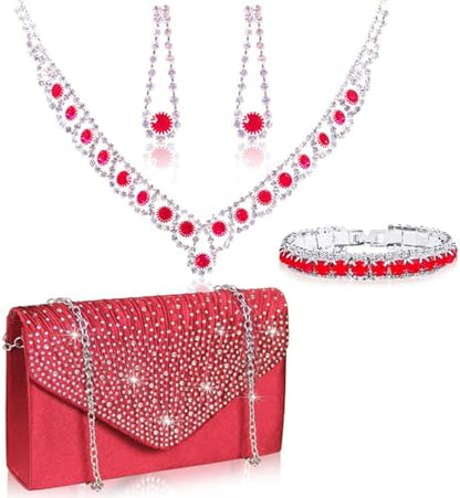 Elegant Women's Clutch & Jewelry Set - Necklace, Earrings, Bracelet & Ring