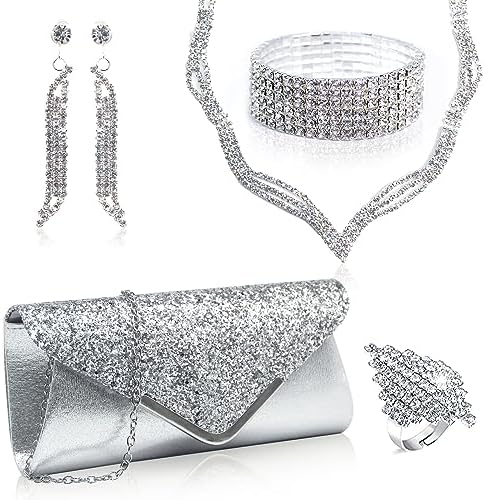 Elegant Women's Clutch & Jewelry Set - Necklace, Earrings, Bracelet & Ring