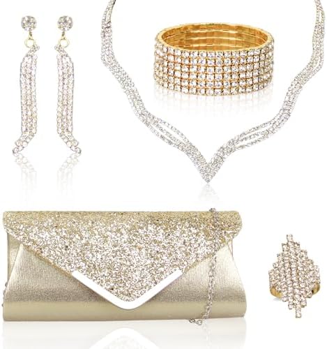 Elegant Women's Clutch & Jewelry Set - Necklace, Earrings, Bracelet & Ring