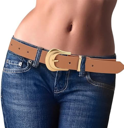 Women's 1.1" Leather Belts with Golden Buckle - Versatile for Jeans & Dresses