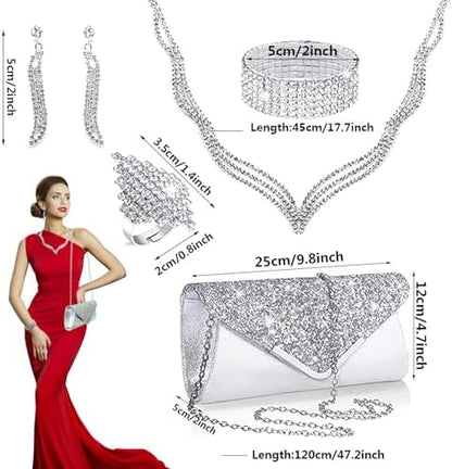 Elegant Women's Clutch & Jewelry Set - Necklace, Earrings, Bracelet & Ring