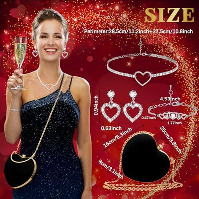 Heart-Shaped Velour Clutch & Rhinestone Jewelry Set - 4 Pcs