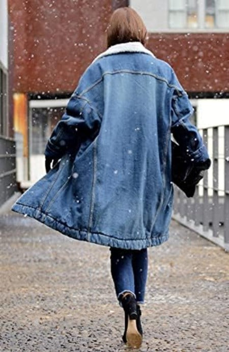 Women's Fleece-Lined Quilted Denim Overcoat - Stylish Button-Down Mid-Long Jacket