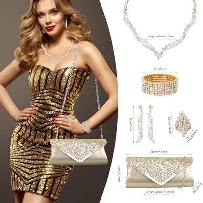 Elegant Women's Clutch & Jewelry Set - Necklace, Earrings, Bracelet & Ring