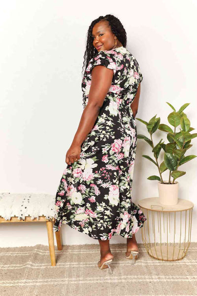 Elegant Floral Split Dress with Flutter Sleeves and Tie Waist - Versatile Style