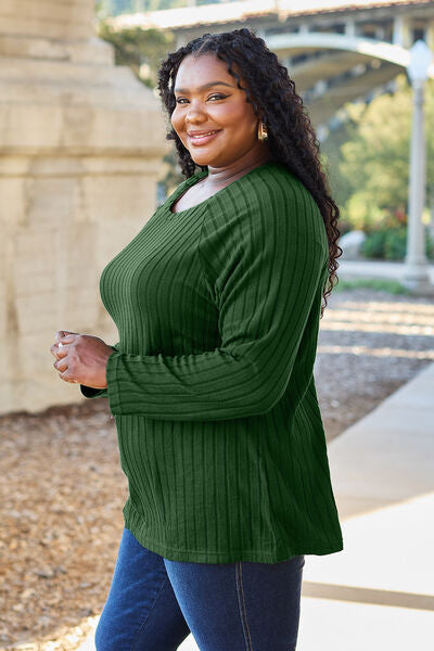 Classic Comfort: Full-Size Ribbed Knit Top with Round Neck and Long Sleeves