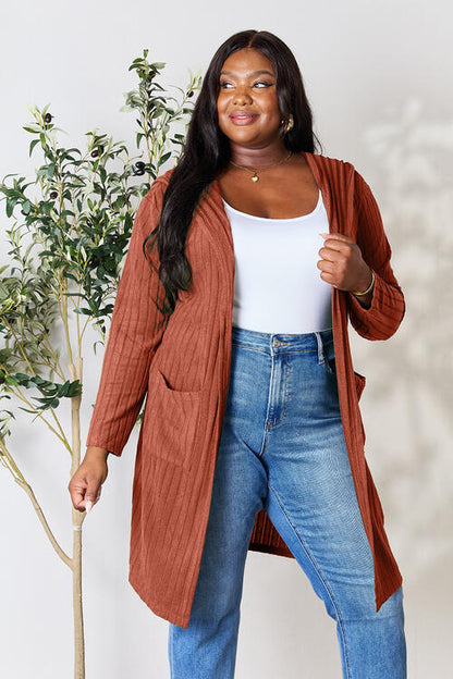 Stylish Ribbed Open Front Long Sleeve Cardigan for Women