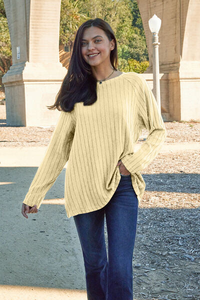 Classic Comfort: Full-Size Ribbed Knit Top with Round Neck and Long Sleeves