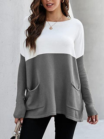 Stylish Two-Tone Pocketed Pullover Sweater - Cozy and Fashionable