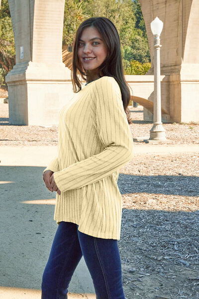 Classic Comfort: Full-Size Ribbed Knit Top with Round Neck and Long Sleeves