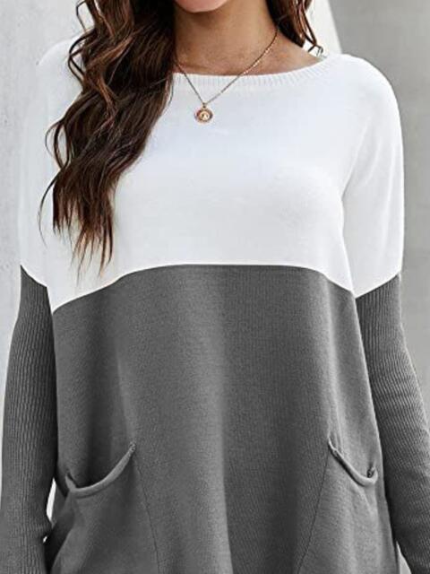 Stylish Two-Tone Pocketed Pullover Sweater - Cozy and Fashionable