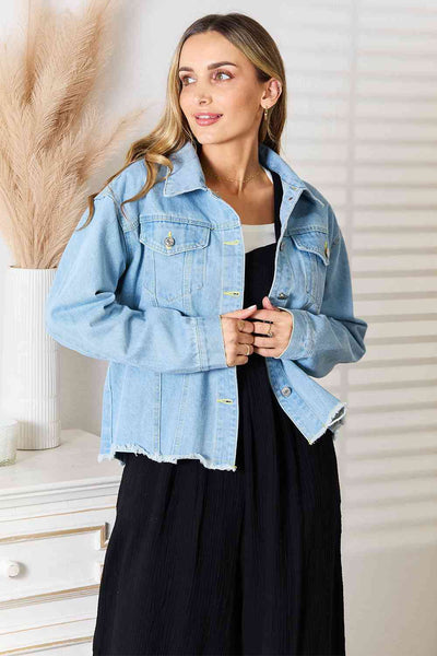 Relaxed Fit Raw Hem Denim Jacket - Casual Dropped Shoulder Style