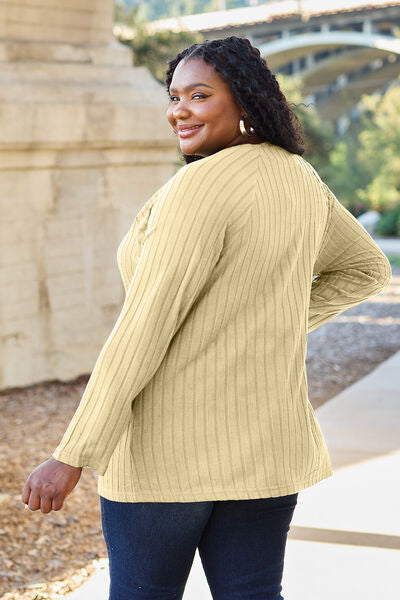 Classic Comfort: Full-Size Ribbed Knit Top with Round Neck and Long Sleeves