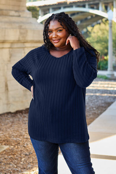 Classic Comfort: Full-Size Ribbed Knit Top with Round Neck and Long Sleeves