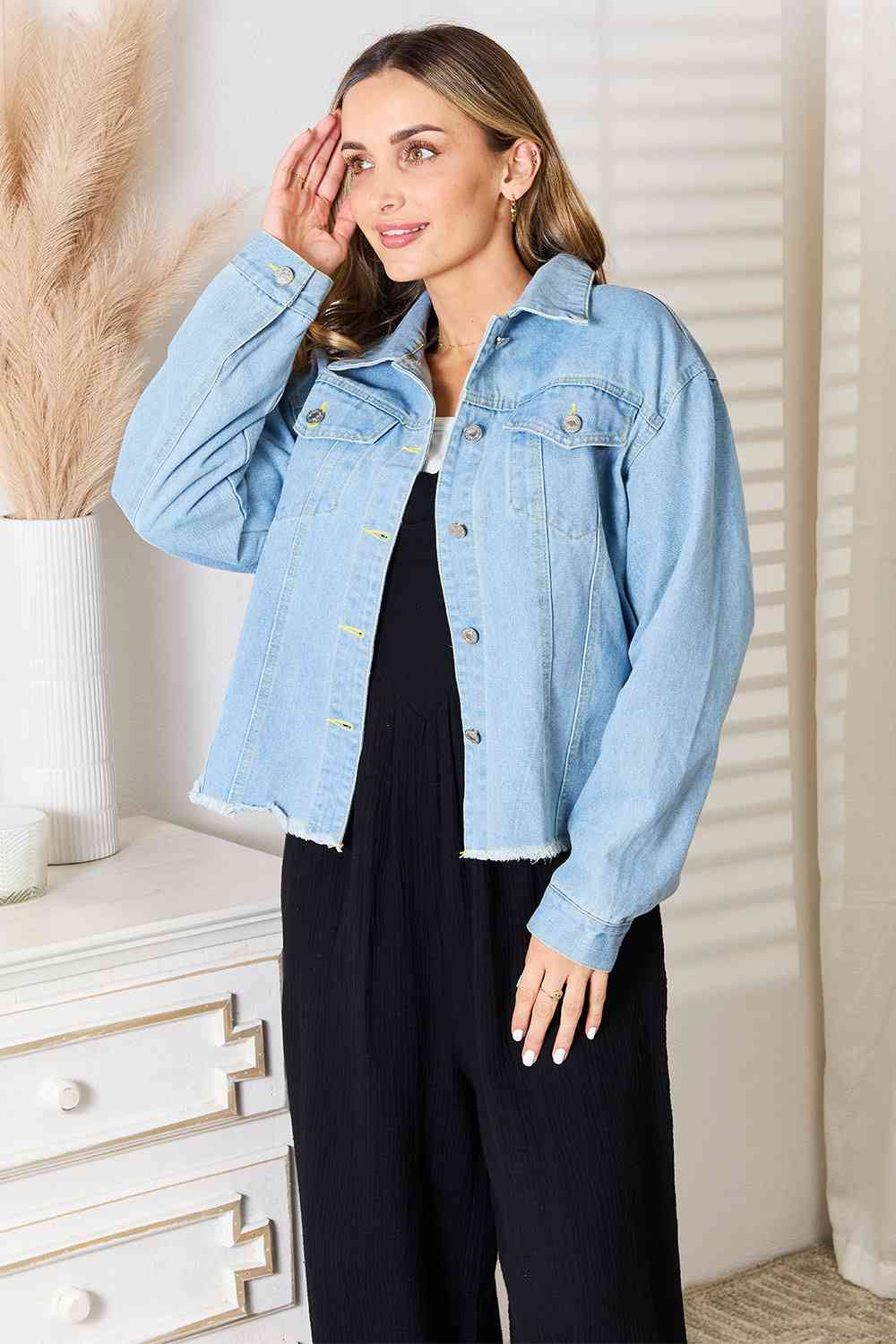 Relaxed Fit Raw Hem Denim Jacket - Casual Dropped Shoulder Style