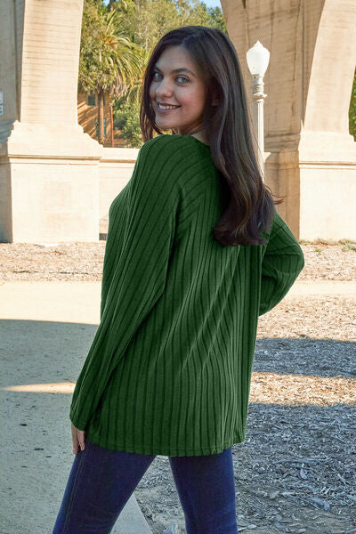 Classic Comfort: Full-Size Ribbed Knit Top with Round Neck and Long Sleeves