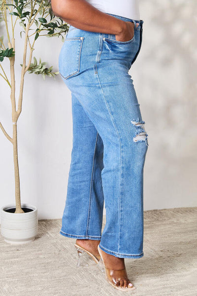 Chic High-Waist Distressed Jeans - Full Size Range for Trendy Comfort