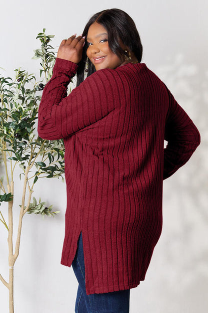 Sleek and Versatile: Full-Size Ribbed Long Sleeve Top with Elegant Neckline and Side Slit"